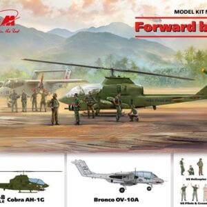 Assemble laMaquette ICM 48303 FORWARD BASE 1/48, compenant un hélicoptère d'attaque AH-1G Cobra et un OV-10A Bronco avec personnel au sol